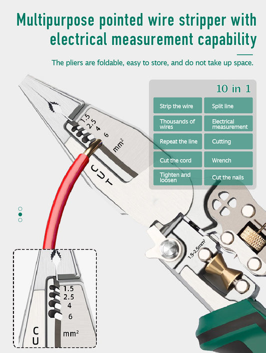 Multi-function pointed-nosed wire stripping pliers